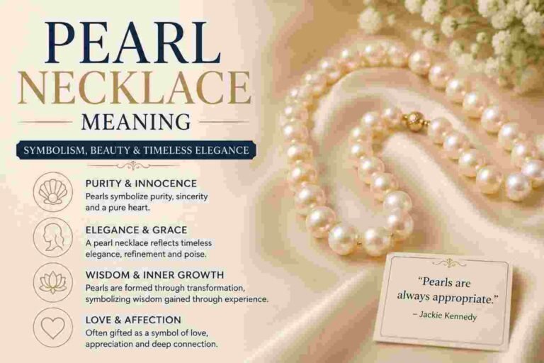 White pearl necklace symbolizing purity and elegance draped on ivory silk fabric