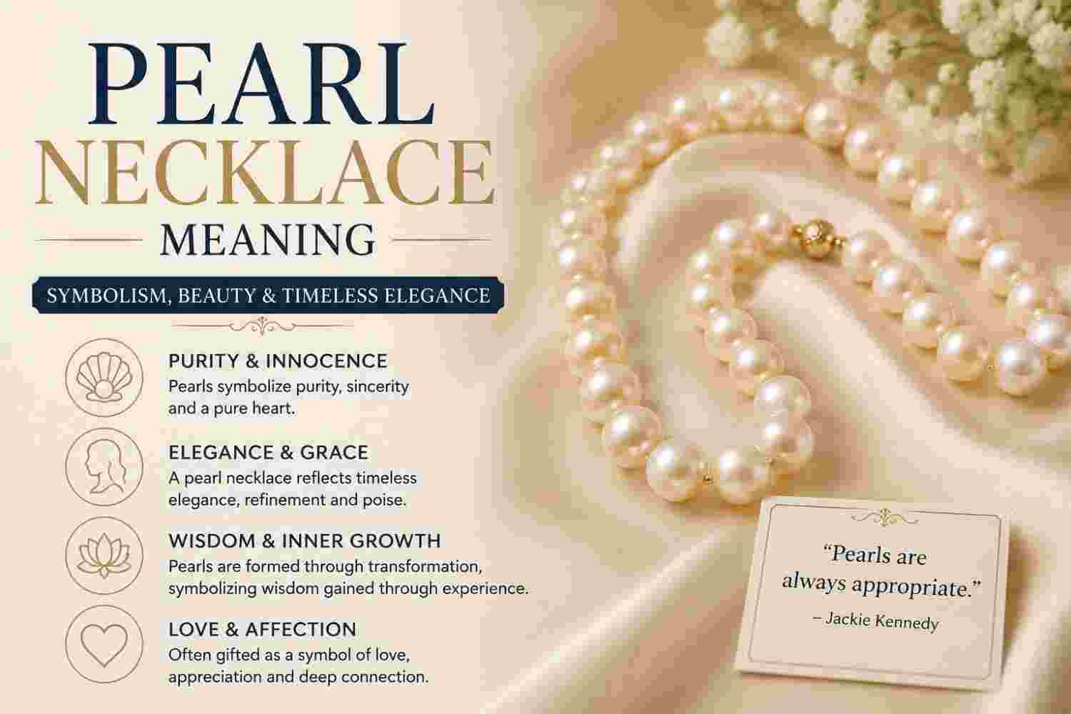 White pearl necklace symbolizing purity and elegance draped on ivory silk fabric