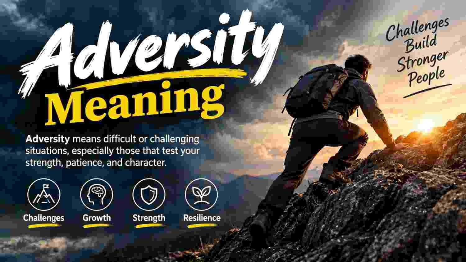 Adversity meaning and definition showing challenges, strength, growth, and resilience