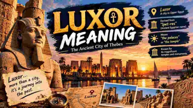 Luxor meaning explained - ancient Luxor Temple columns at sunset with hot air balloons over the Nile in Egypt