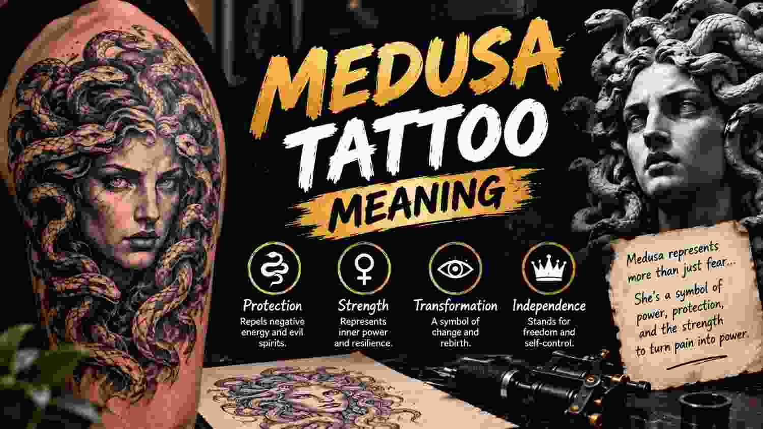 Medusa tattoo meaning shown through a powerful portrait with snakes