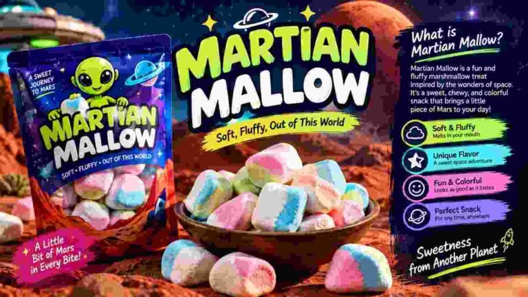 Martian Mallow marshmallow treats with colorful space-themed packaging and Mars background