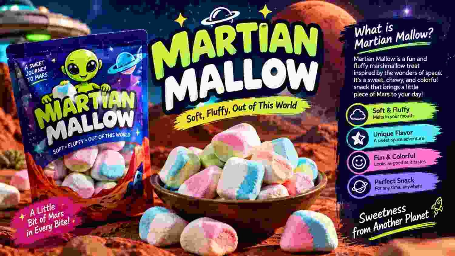Martian Mallow marshmallow treats with colorful space-themed packaging and Mars background